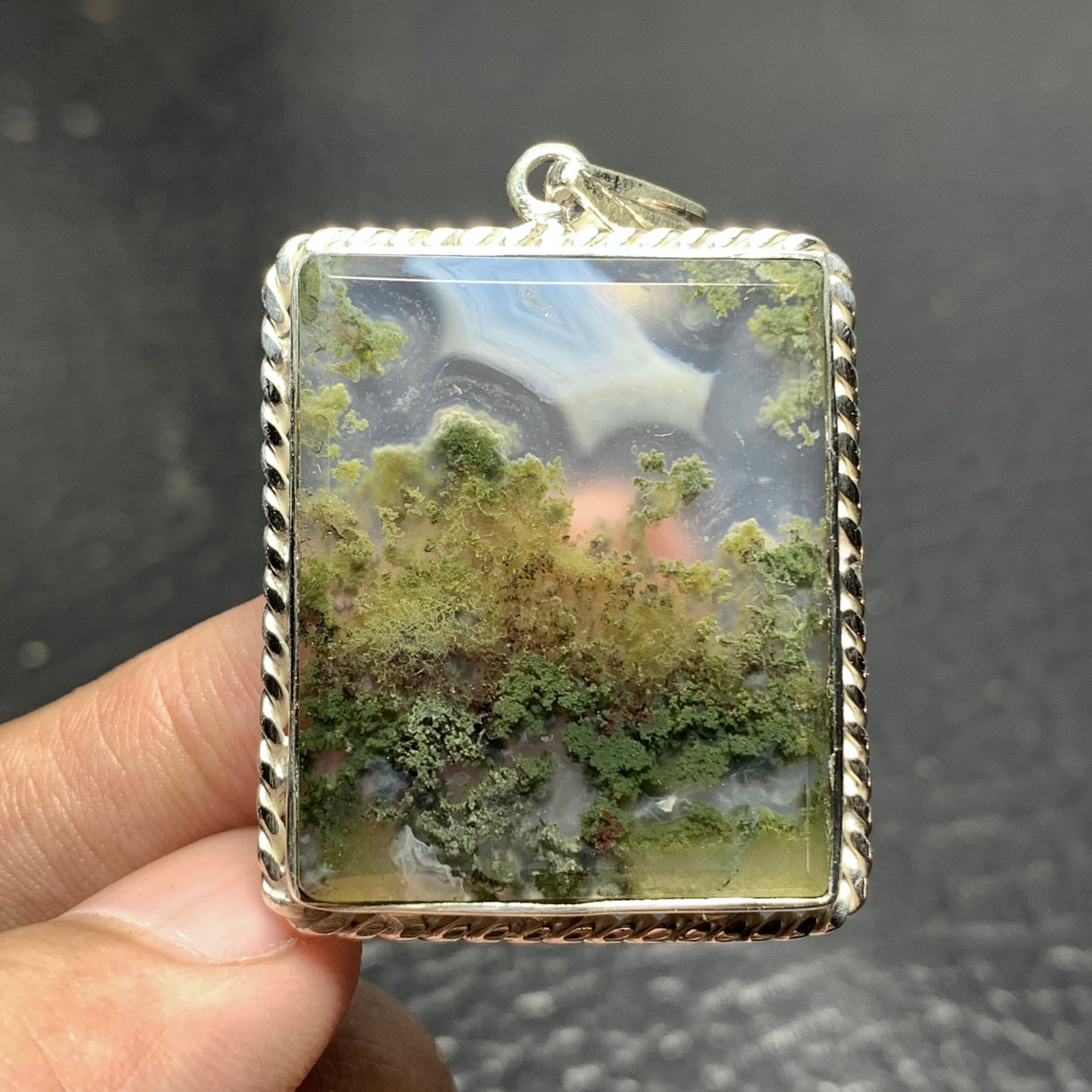 925 Sterling Silver Scenic Moss Agate Pendant 39x29x6 High Quality 58.5 ct
