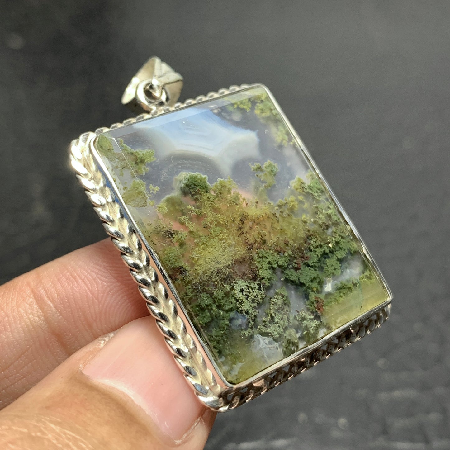 925 Sterling Silver Scenic Moss Agate Pendant 39x29x6 High Quality 58.5 ct