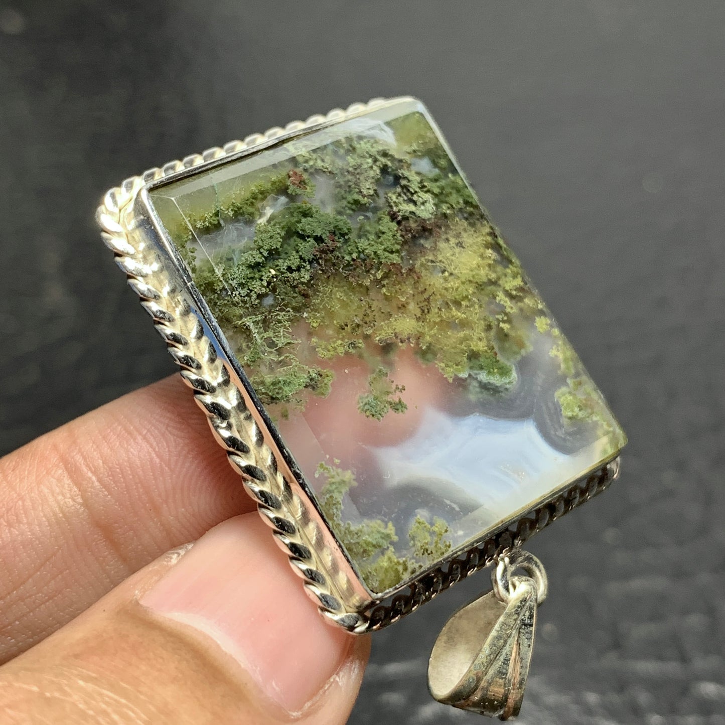 925 Sterling Silver Scenic Moss Agate Pendant 39x29x6 High Quality 58.5 ct