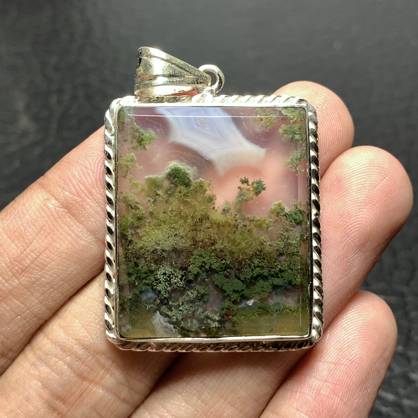 925 Sterling Silver Scenic Moss Agate Pendant 39x29x6 High Quality 58.5 ct