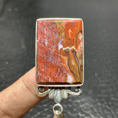 Handmade 925 Sterling Silver Red Petrified Palm Wood Pendant 31x27x6mm