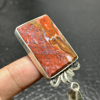Handmade 925 Sterling Silver Red Petrified Palm Wood Pendant 31x27x6mm