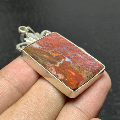 Handmade 925 Sterling Silver Red Petrified Palm Wood Pendant 31x27x6mm