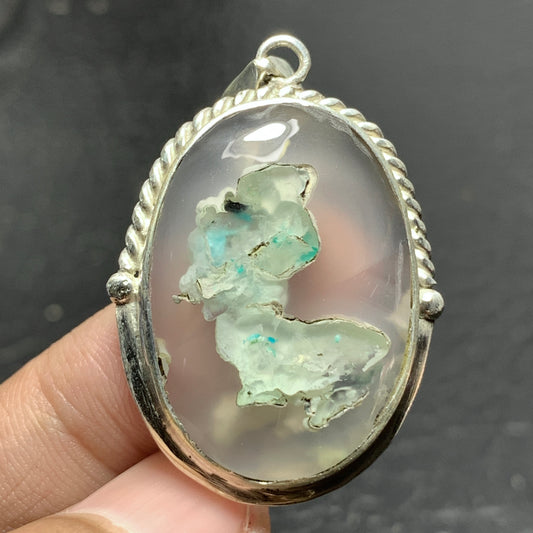 925 Sterling Silver Chrysocolla Chalcedony Pendant 37x26x6mm High Quality 42 ct