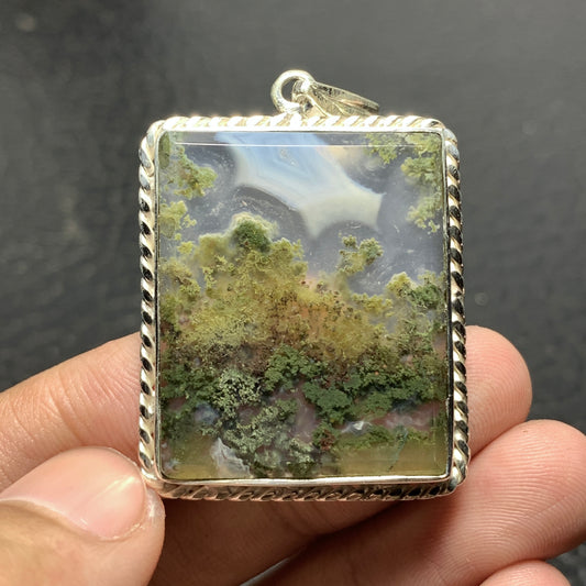 925 Sterling Silver Scenic Moss Agate Pendant 39x29x6 High Quality 58.5 ct