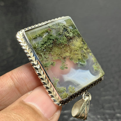 925 Sterling Silver Scenic Moss Agate Pendant 39x29x6 High Quality 58.5 ct
