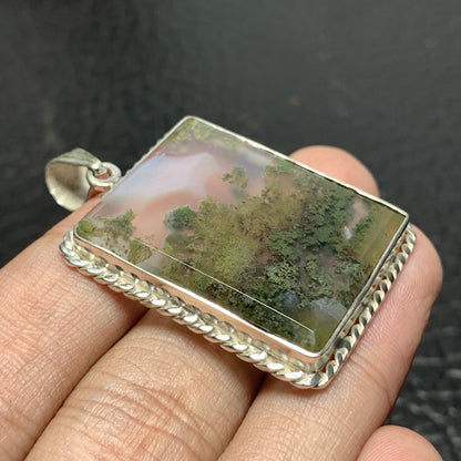 925 Sterling Silver Scenic Moss Agate Pendant 39x29x6 High Quality 58.5 ct