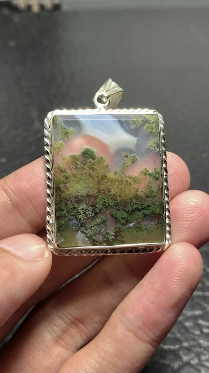 925 Sterling Silver Scenic Moss Agate Pendant 39x29x6 High Quality 58.5 ct